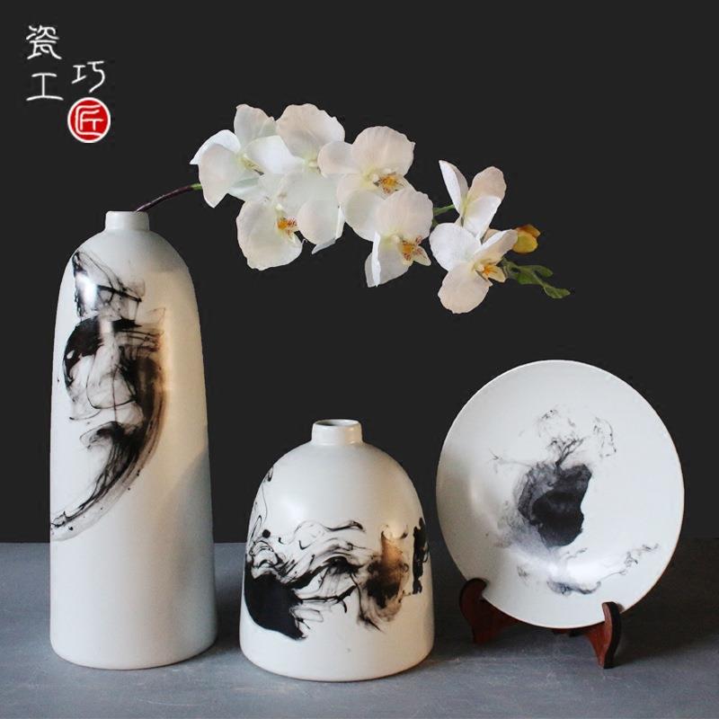 新中式青花瓷花瓶带盘子客厅电视柜插花水培陶瓷花器软装饰品摆件