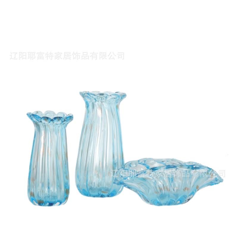 玻璃高级花瓶客厅摆件透明天蓝插花水培花器器皿餐桌装饰碗现代风