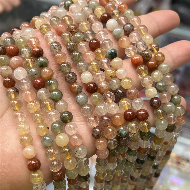 6mm天然水晶彩发晶圆珠散珠子diy手链项链串珠饰品配件半成品