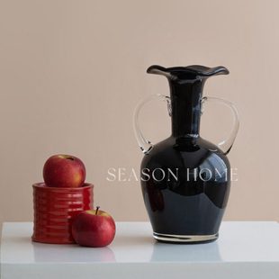 法式双耳提壶花瓶黑色琉璃花器四时之序中古高级感手工插花摆件大