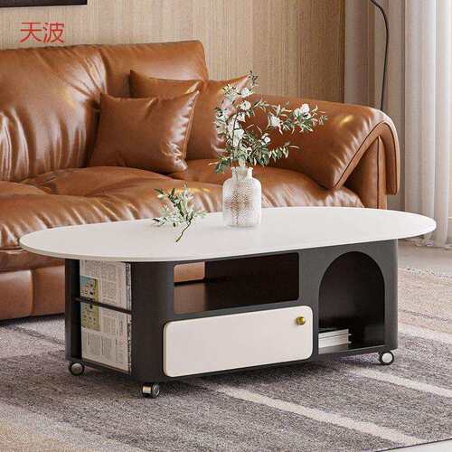 dde意式岩板茶几轻奢高级椭圆形茶几现代简约家用客厅带轮储物小
