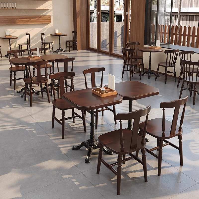 美式复古实木咖啡厅桌椅组合餐厅清吧烘焙甜品店西餐厅餐饮小圆桌