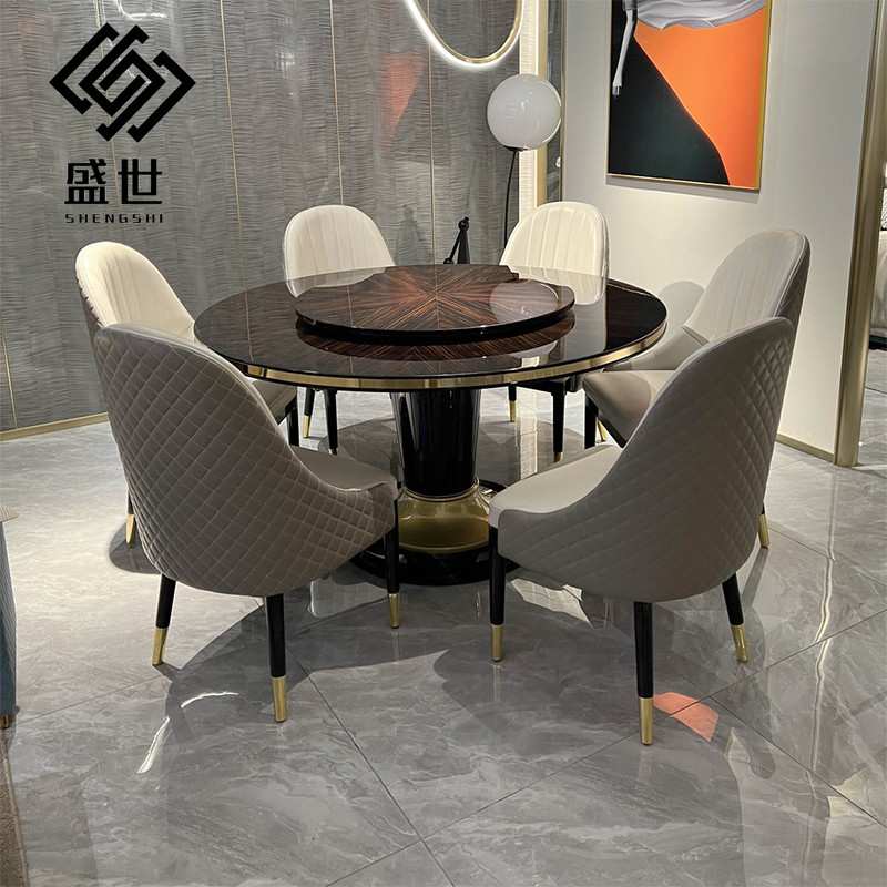 高端奢华意式后现代圆桌实木烤漆别墅自建房豪宅餐厅饭桌转盘家用