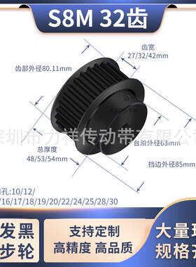 同步带轮S8M32齿钢齿宽27/32/42型内孔1271415671928齿形带同步轮