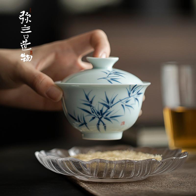 弥言釉下彩纯手绘竹子盖碗手工陶瓷泡茶碗茶杯日式家用不烫手功夫