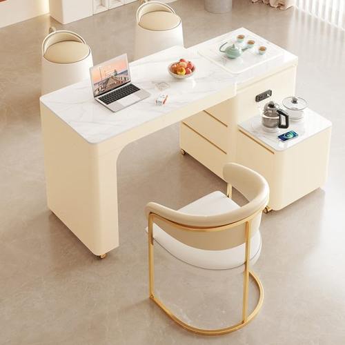 家用茶桌奶油风岩板客厅家用小户型茶台烧水壶一体阳台茶桌椅组合