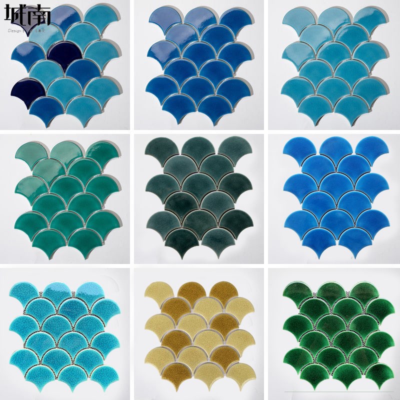 冰裂纹龙鳞砖背景墙吧台卫生间浴室游泳J池网红瓷砖鱼鳞扇形马赛