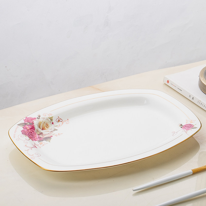 日式家用陶瓷蒸鱼盘子鱼盘大号长方形骨瓷盘子鱼碟菜盘餐具套装