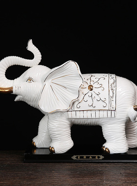 白色陶瓷描金大象摆件一对工艺品吉祥象大号招财玄关桌面装饰摆设