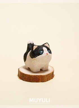 手工木雕小猫咪摆件软萌奶牛猫可爱情侣一对电脑桌面装饰生日礼物