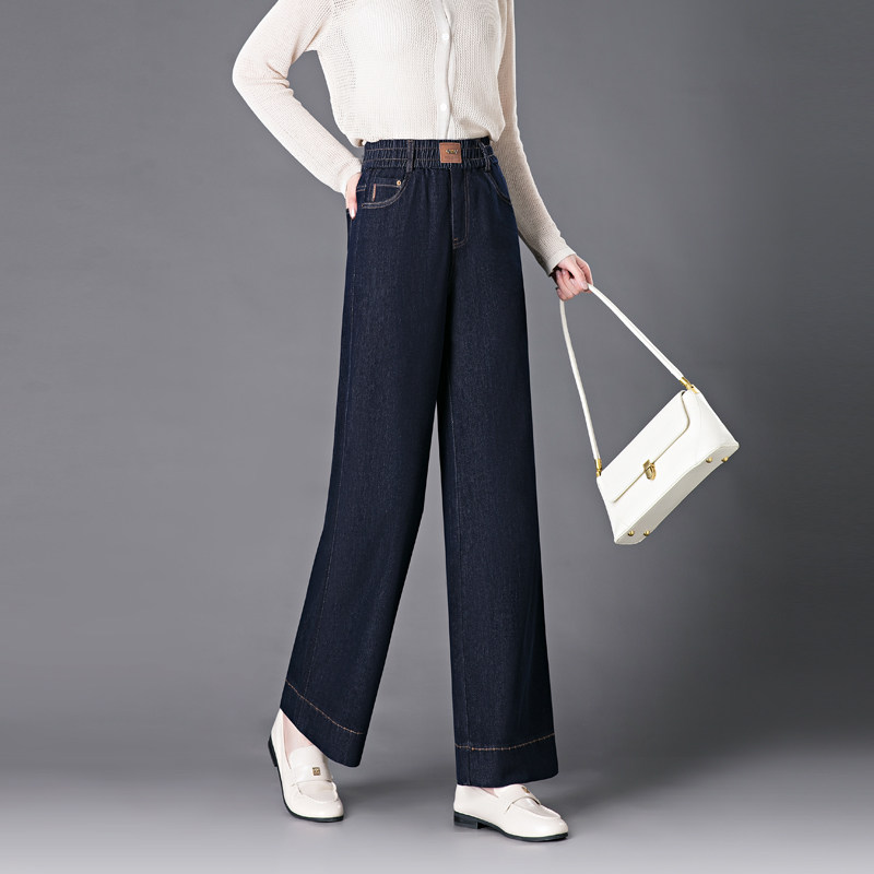 高腰宽松阔腿牛仔裤女春季新款九分裤松紧腰深蓝色小个子阔腿裤子