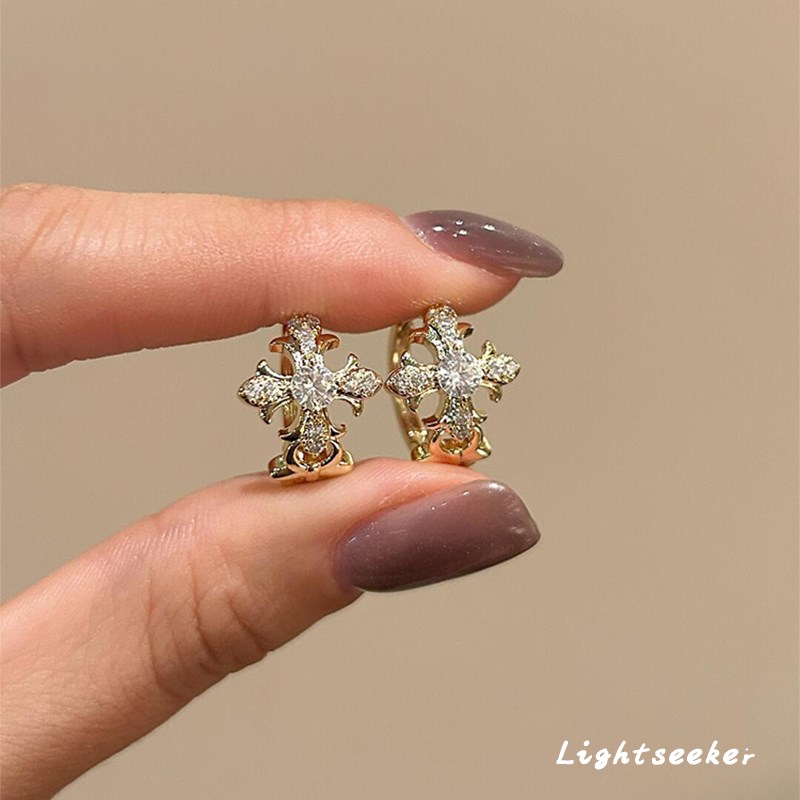 【寻光】中古满钻金色鸢r尾花十字架耳扣女复古气质高级感轻奢耳