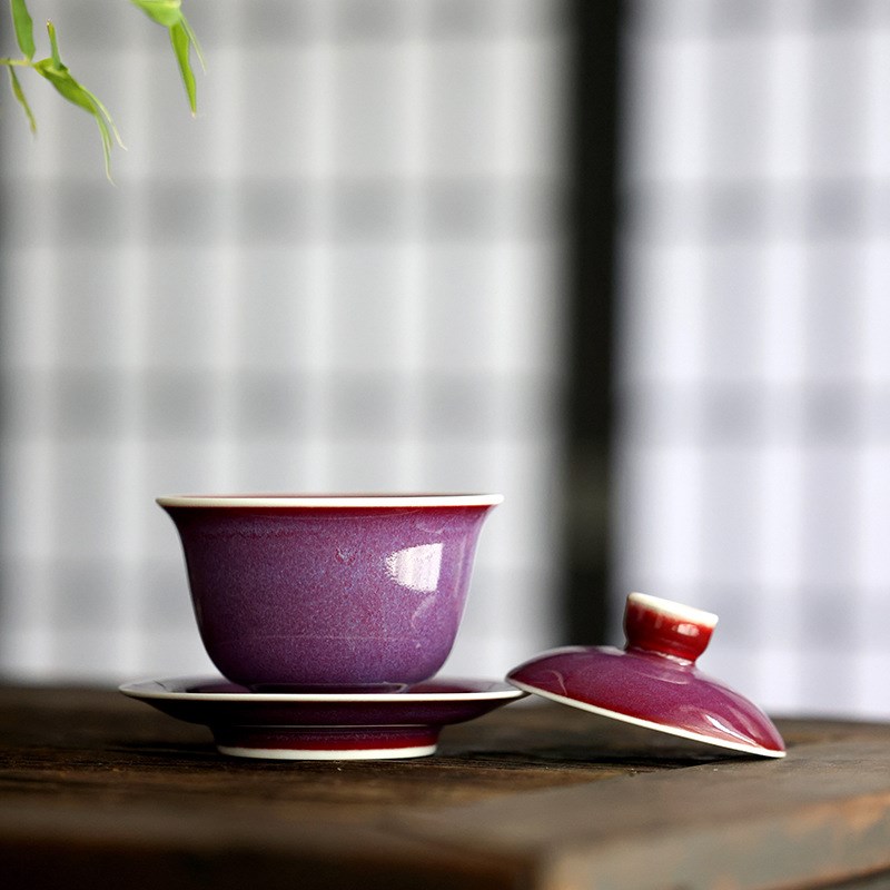 窑变钧瓷手工锔钉盖碗钧窑三才盖碗单个陶瓷功夫泡茶杯敬茶杯茶碗