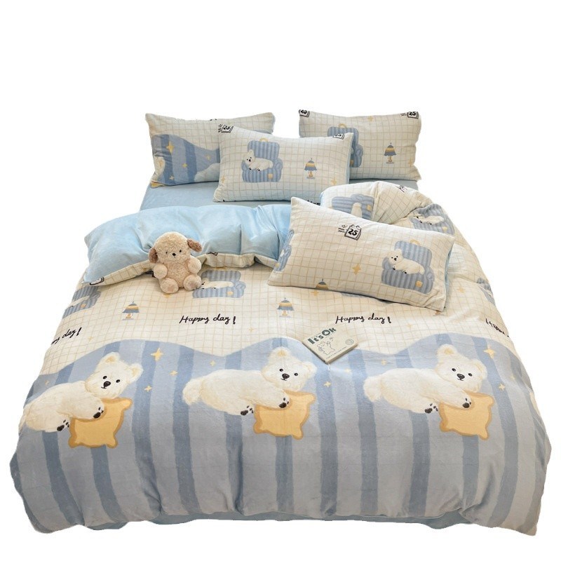 小清新牛奶绒珊瑚绒四件套加厚保暖冬季床上用品可爱被套床单床品