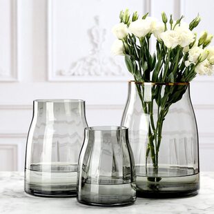 北欧简约原色玻璃花瓶透明插花手工描金矮胖大口竖条纹轻奢插花瓶