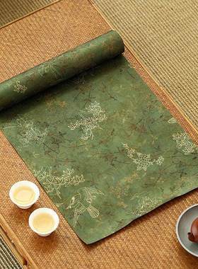 中国风茶席长桌旗云纱绿色双面防水茶桌干泡垫子茶台桌布中式禅意