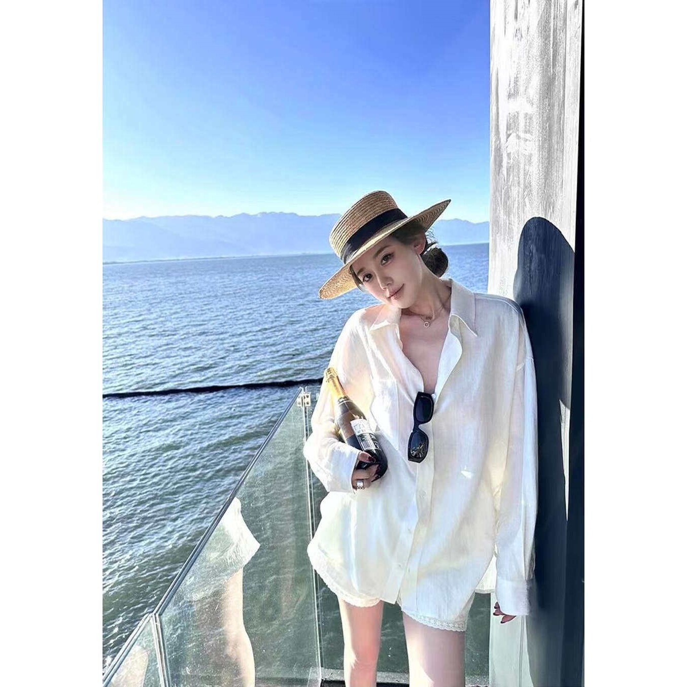 法式老钱风宽松亚麻长袖防晒衬衣
