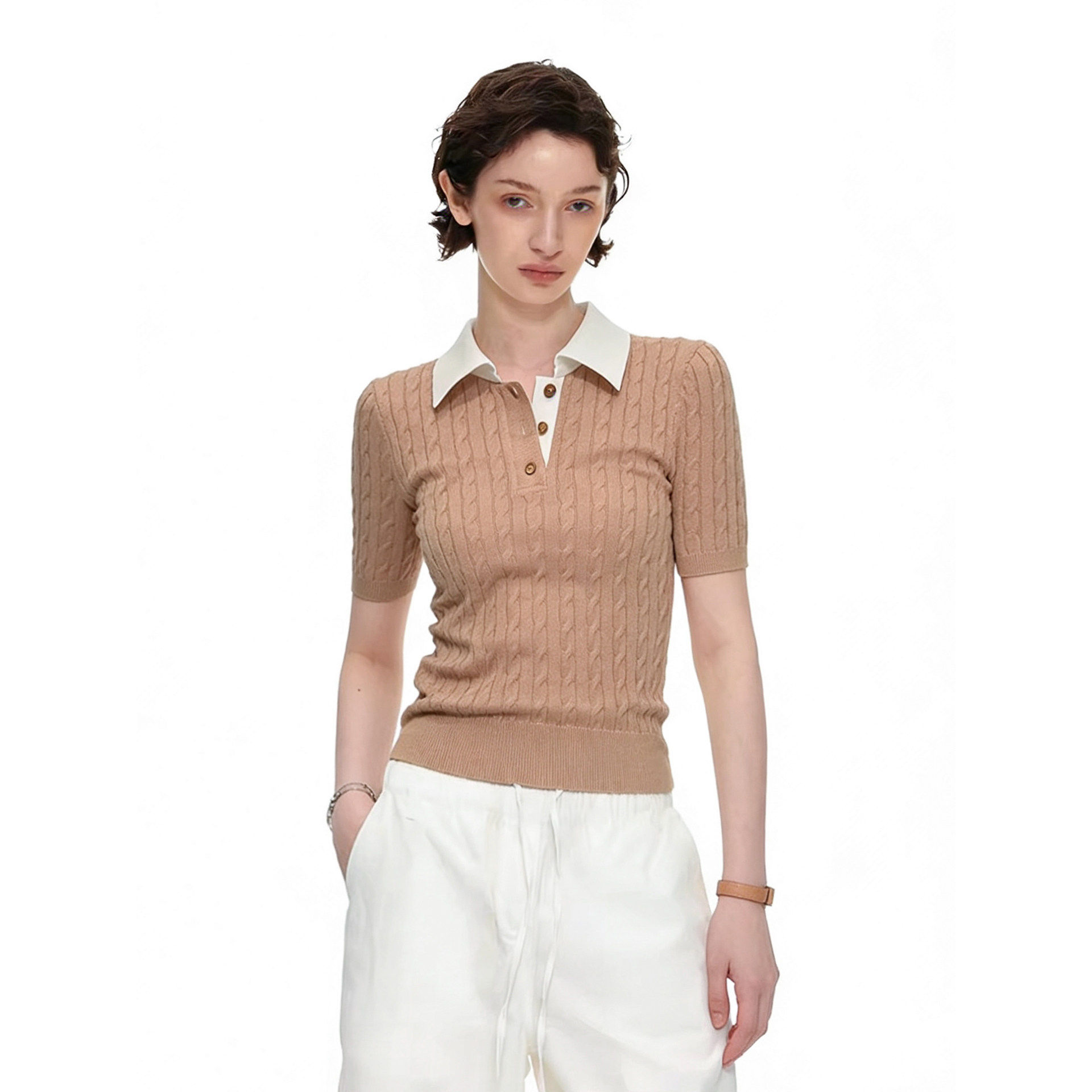 法式复古麻花polo领短袖针织衫女夏季老钱风通勤撞色翻领t恤上衣