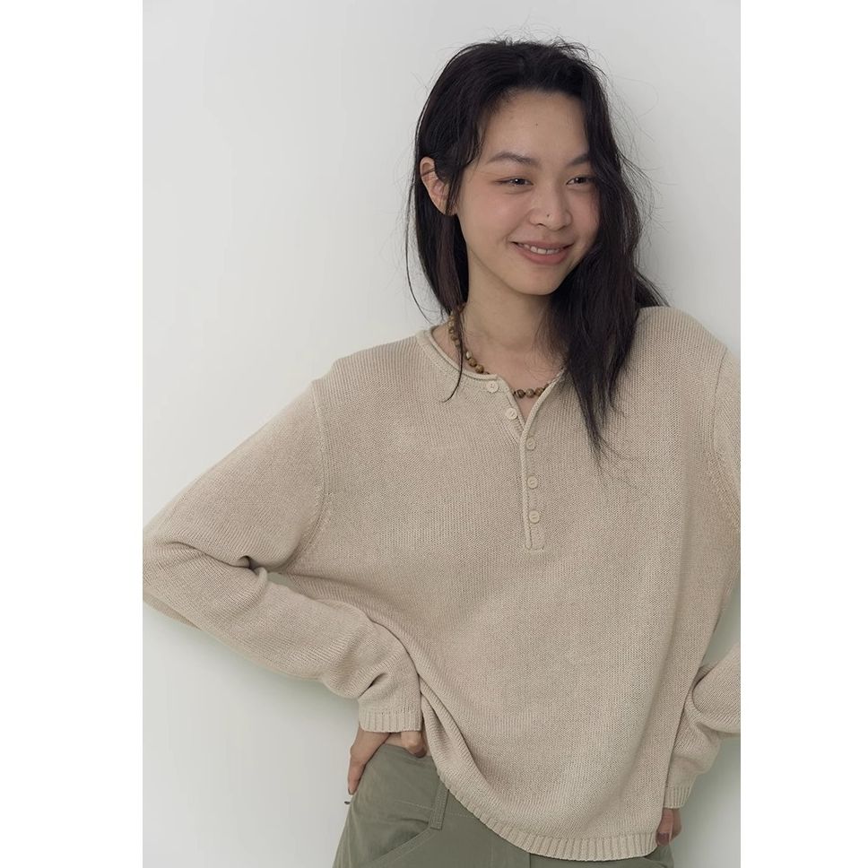 法式慵懒风半开领套头软糯针织衫