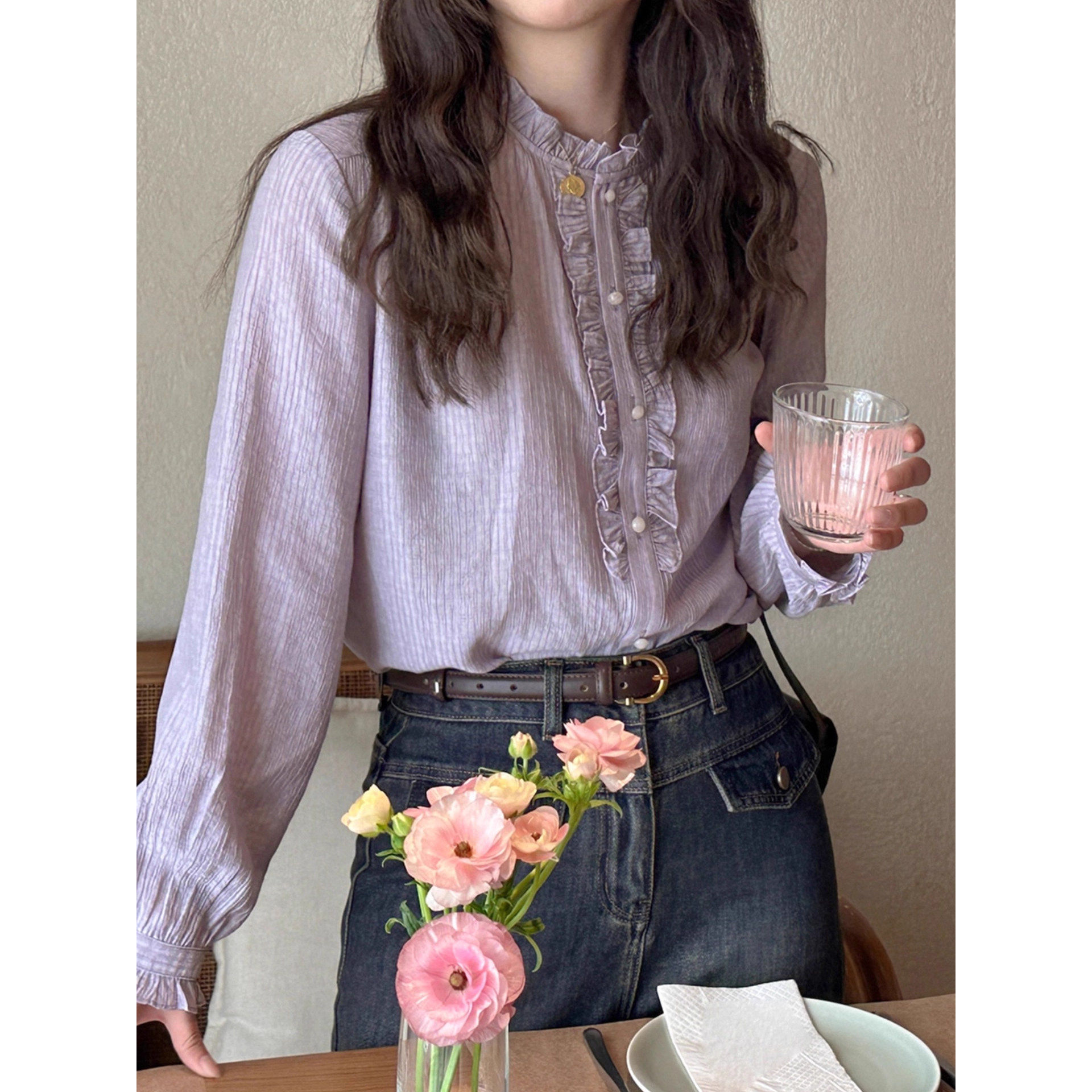 法式温柔紫色木耳边立领衬衫女春夏季设计感小众衬衣叠穿长袖上衣
