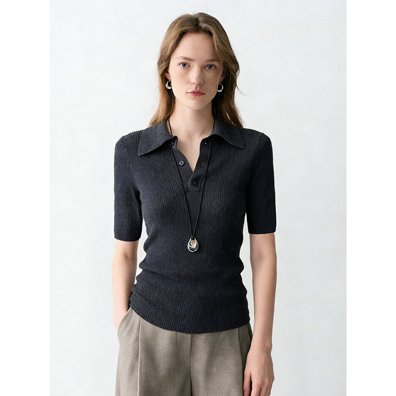 法式老钱风正肩短袖polo衫t恤女春夏复古高级感修身显瘦针织上衣