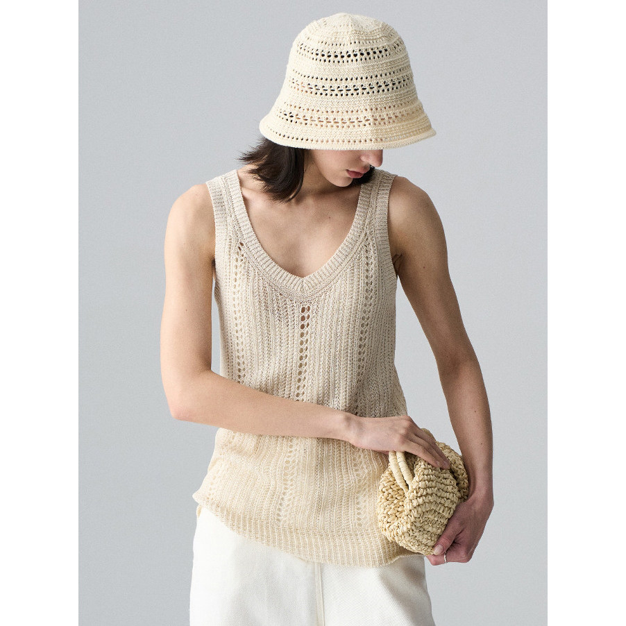 法式老钱风镂空冰丝无袖吊带背心女夏季薄款透气休闲亚麻针织上衣