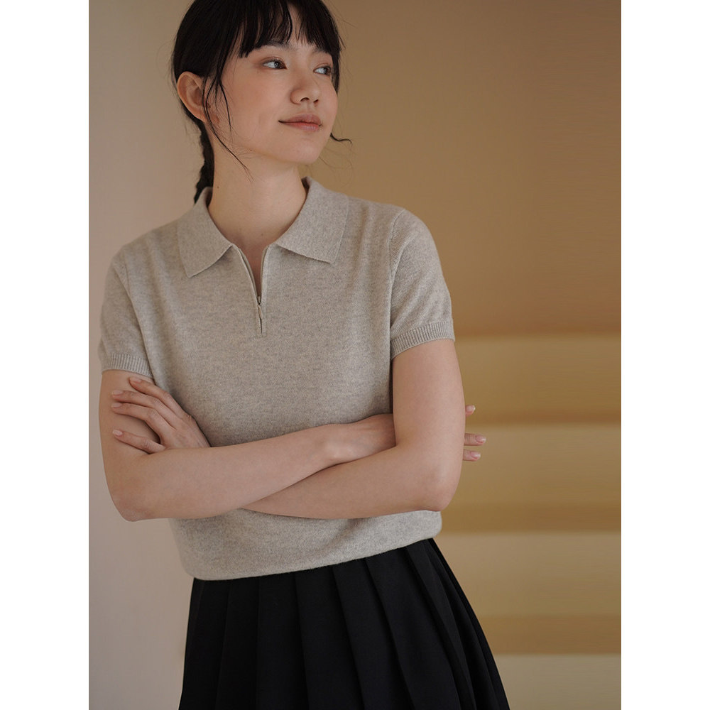 法式老钱风polo领正肩短袖针织衫女夏季简约休闲显瘦气质t恤上衣