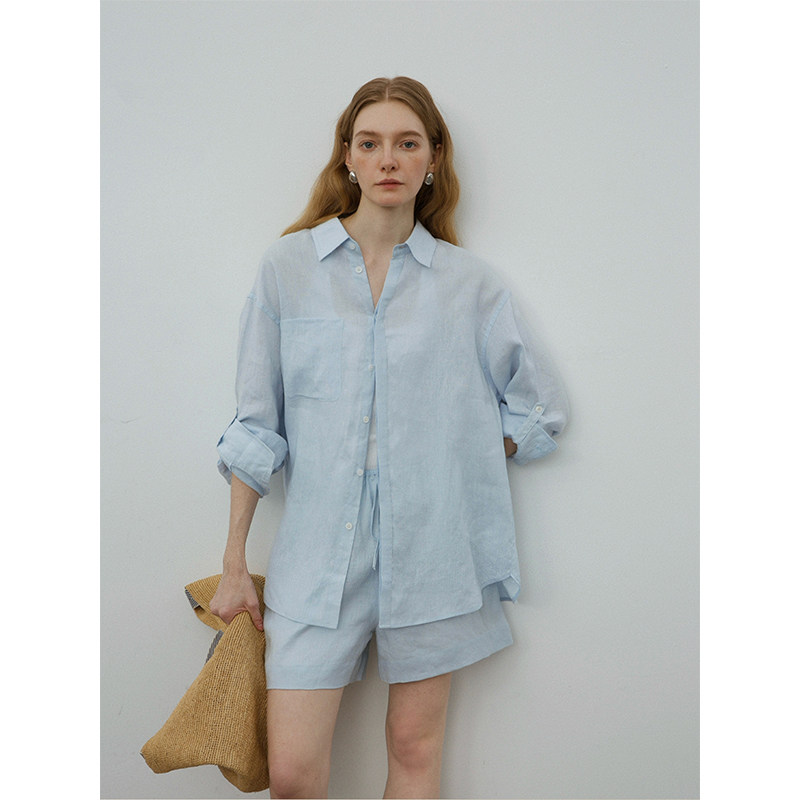 松弛感蓝色亚麻长袖衬衫女春夏经典时髦宽松透气薄款短裤防晒套装
