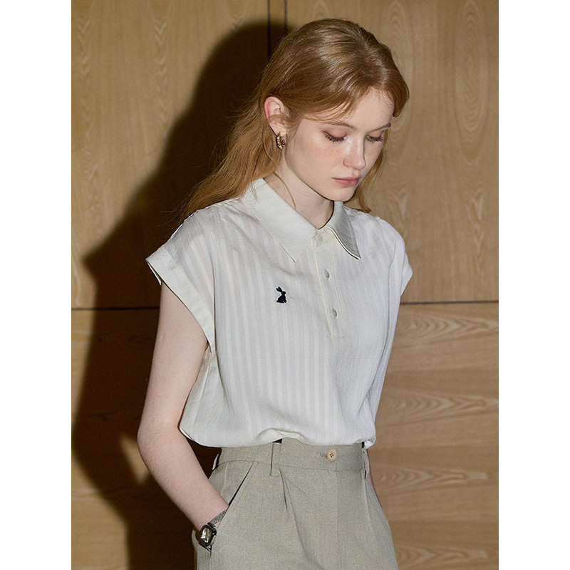 法式复古学院风polo领短袖衬衫女夏季刺绣设计感正肩衬衣通勤上衣