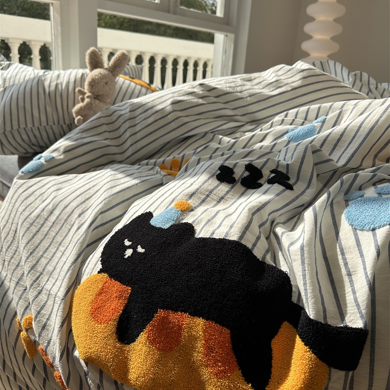 卡通可爱水洗棉毛巾绣趴趴猫四件套1C.5m1.8米少女床单被套三件套