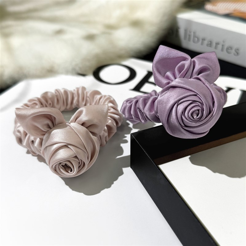 【3件8折】真丝玫瑰q花发圈女气质高级感缎面大肠圈低马尾扎发皮