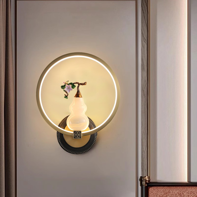 新中式卧室客厅背景墙壁灯全铜玉石葫G芦沙发主卧床头灯过道楼梯