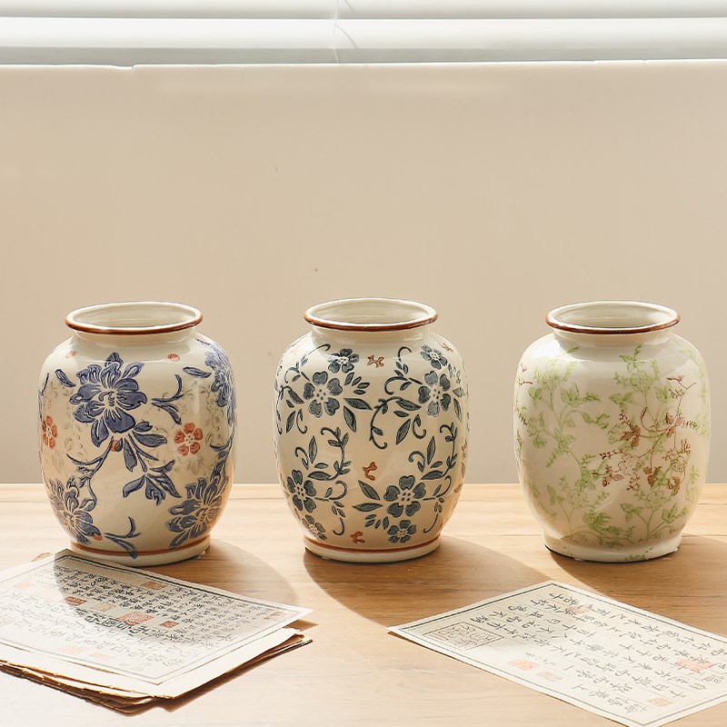 高级感花瓶新中式中古青花瓷覆古陶瓷插花器客厅R玄关摆件鲜花水
