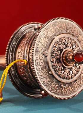 纯铜藏式手摇转筒家用立体浮雕手摇双轴承桶实木随身用摆件色宝石