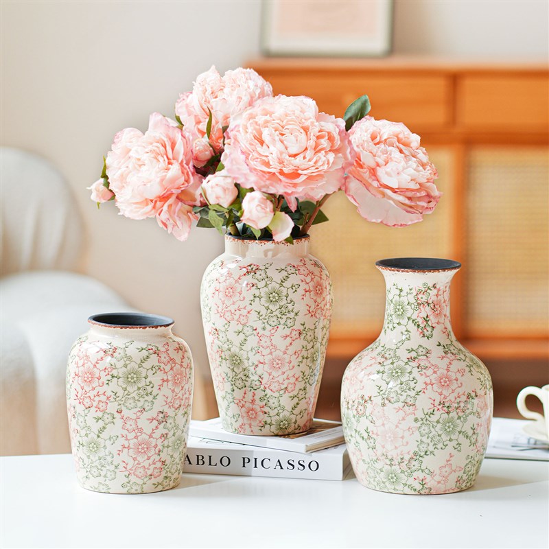 陶瓷花瓶新中式宽口粉色鲜花插花高级感客厅中古摆U件餐桌装饰花