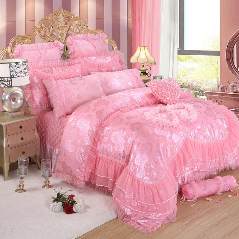 婚庆蕾丝贡缎大红粉色六八多件套结婚加厚四件套1.8m2.0床裙用品