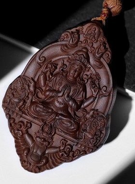 印度老山檀香木四臂观音吊坠本命年佛牌檀香木守护神吊坠挂件胸牌