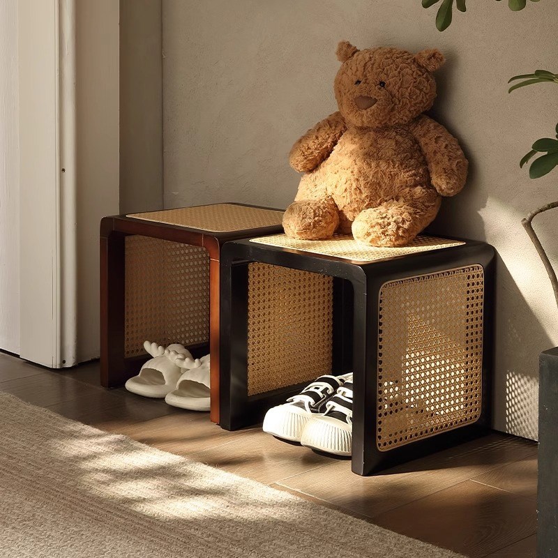 复古诧寂风换鞋凳门口玄关实木藤编家用小茶几卧室床头柜飘窗桌子