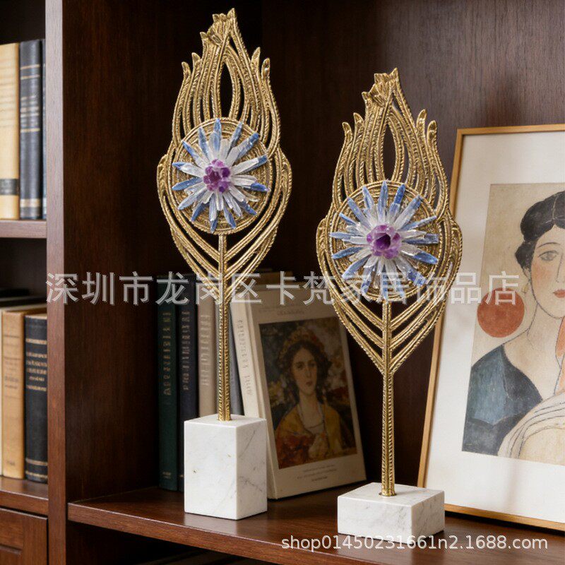 美式轻奢黄铜孔雀羽毛装饰品摆件客厅电视柜玄关柜铜工艺品摆设