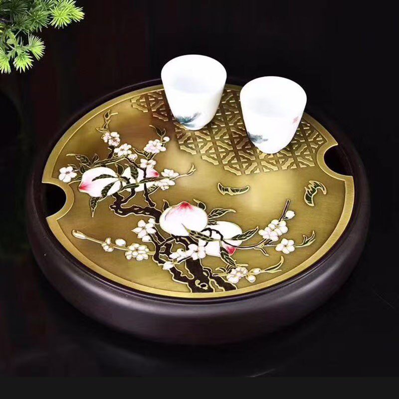 黑檀木嵌铜彩工艺福寿双全茶盘家用功夫茶具实木茶海储水托盘茶台