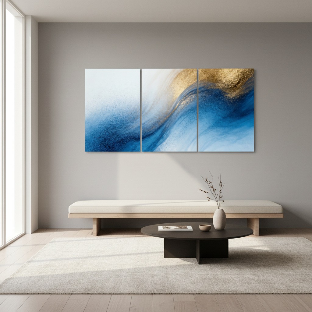 轻奢蓝金流彩三联装饰画 现代抽象水墨晶瓷画 客厅沙发背景墙挂画