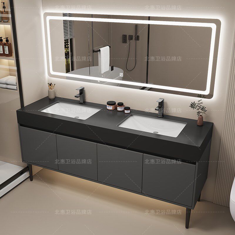 岩板双盆落地式浴室柜组合公共卫生间洗N手盆洗脸洗漱台厕所池