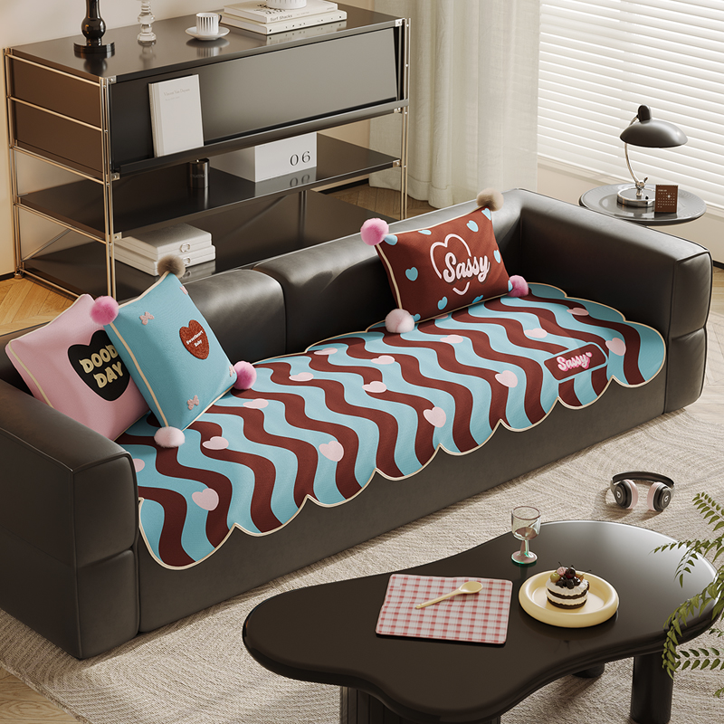 复古高级感四季h通用撞色条纹沙发垫异形皮质沙发盖布坐垫客厅专