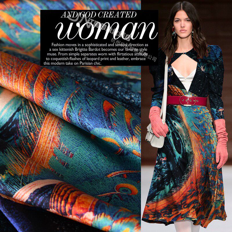 孔雀印花22姆米真丝弹力香云纱重磅宽幅桑蚕丝布料夏季旗袍面料