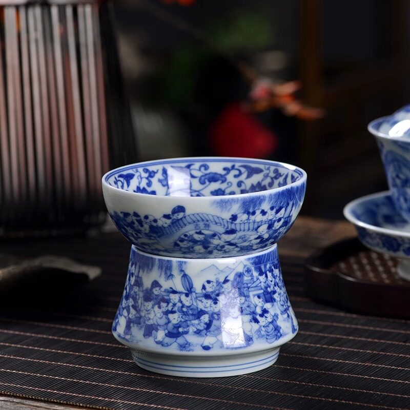 景德镇青花百子图茶漏陶瓷茶滤家用茶隔全瓷一体茶叶过滤网零配