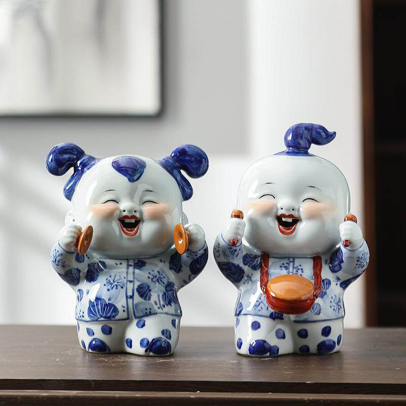 景德镇陶瓷器青花瓷中式人物摆件一对客厅书房书架摆设结婚礼品