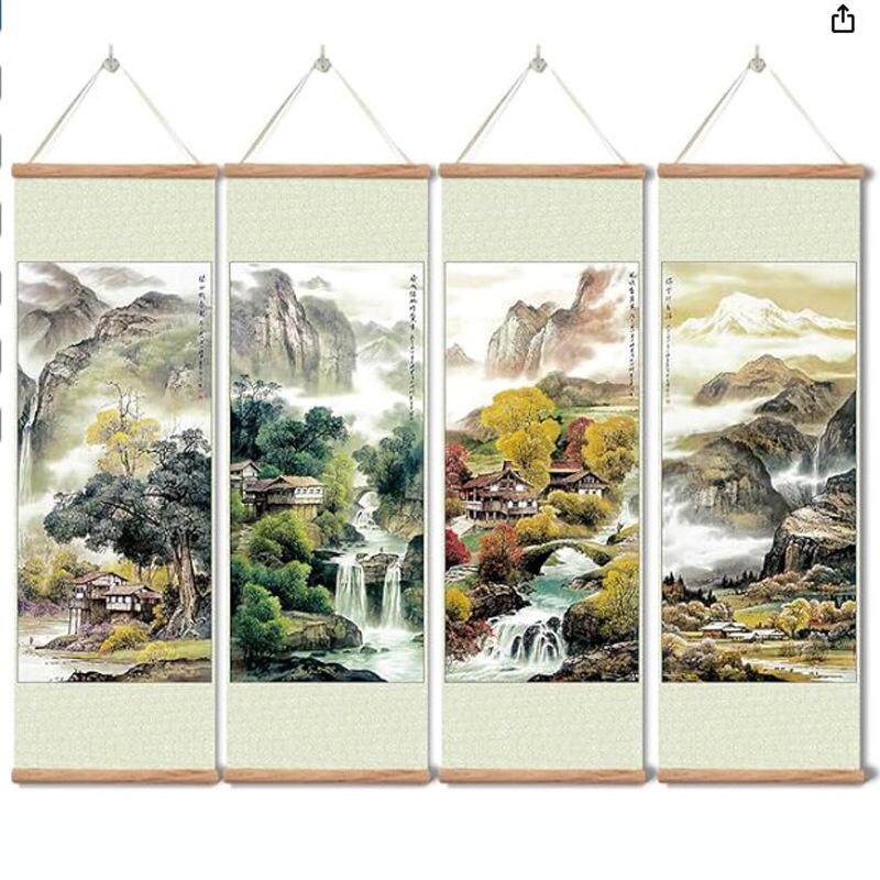 新中式实木挂画 装饰卷轴画 山水风景静月岁好 沙发背景墙喷绘画