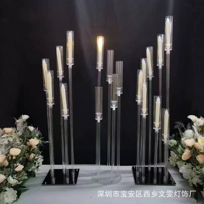 2022新款简约婚庆路引多头水晶亚克力立柱道具婚礼堂场地布置烛台