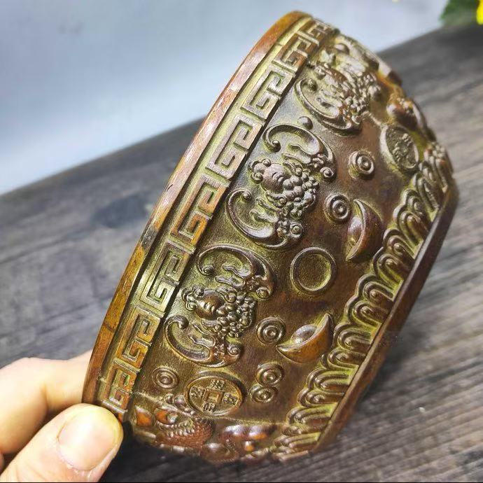 仿黄铜复古金属元宝铜钱聚宝盆五福聚宝盆存钱罐家用盆客厅工艺品