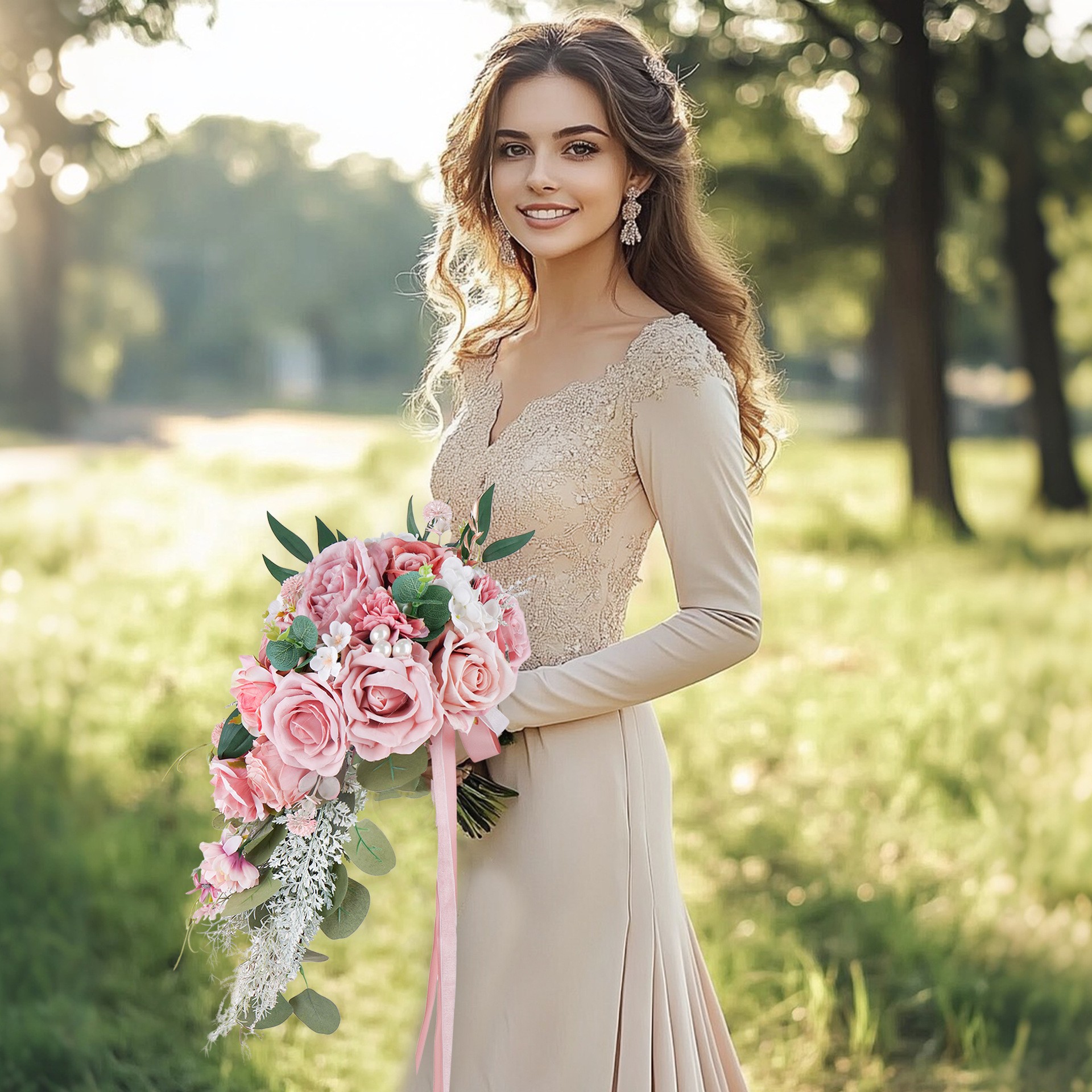 欧式粉色系婚礼新娘水滴手捧花仿真花结婚拍照手拿花束婚庆场景布